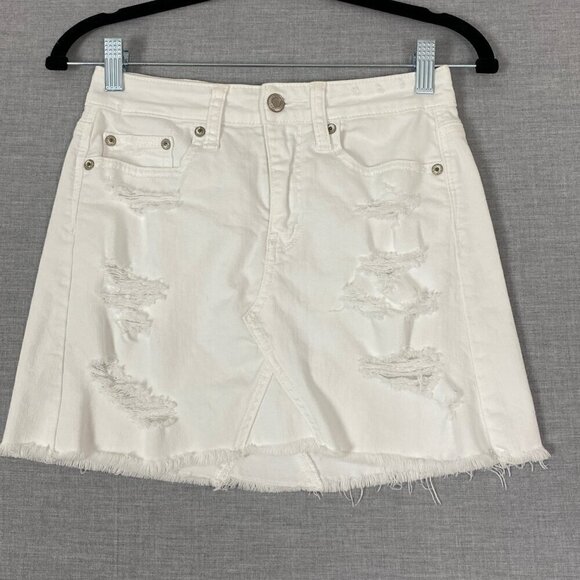 American Eagle Jean Skirt Distressed White Denim Mini Size 00 - Picture 1 of 10